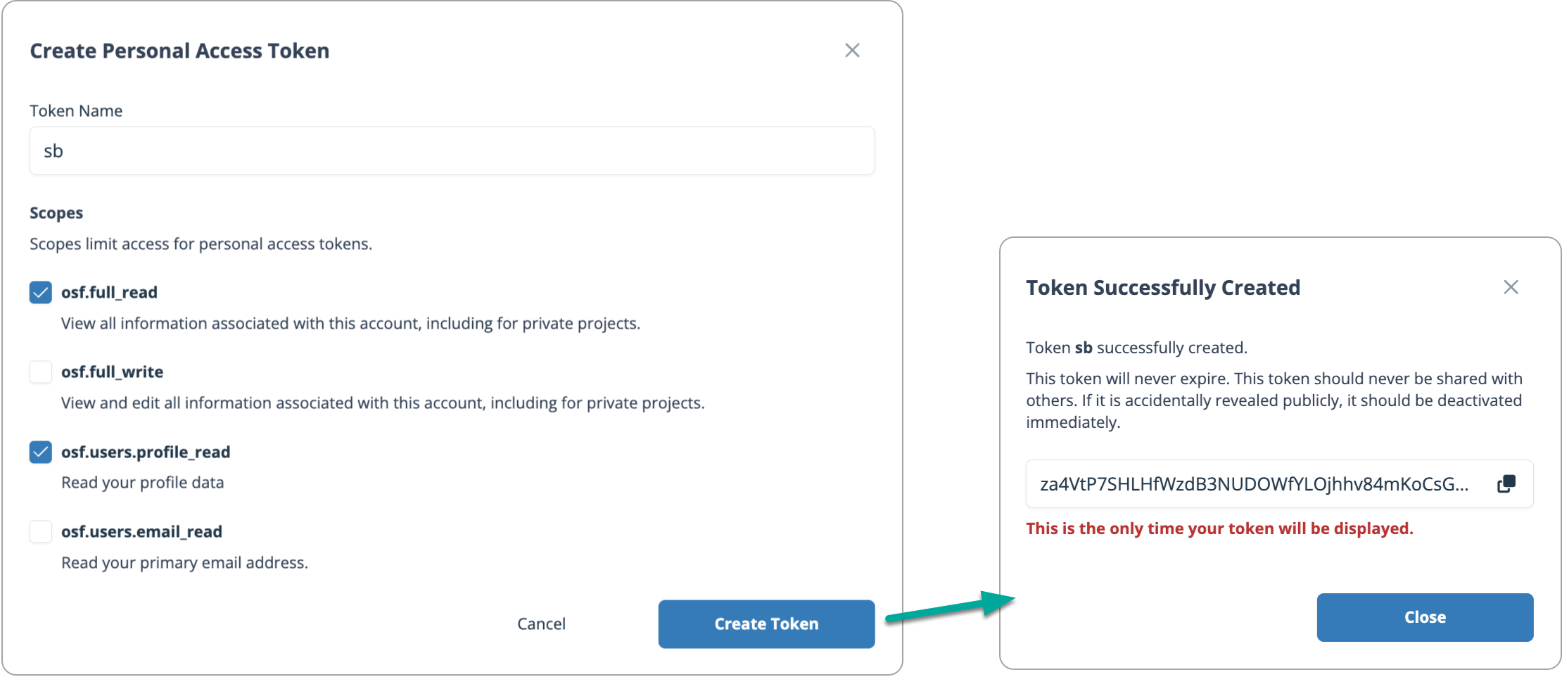 OSF interface displaying the Create Personal Access Token form with permission options