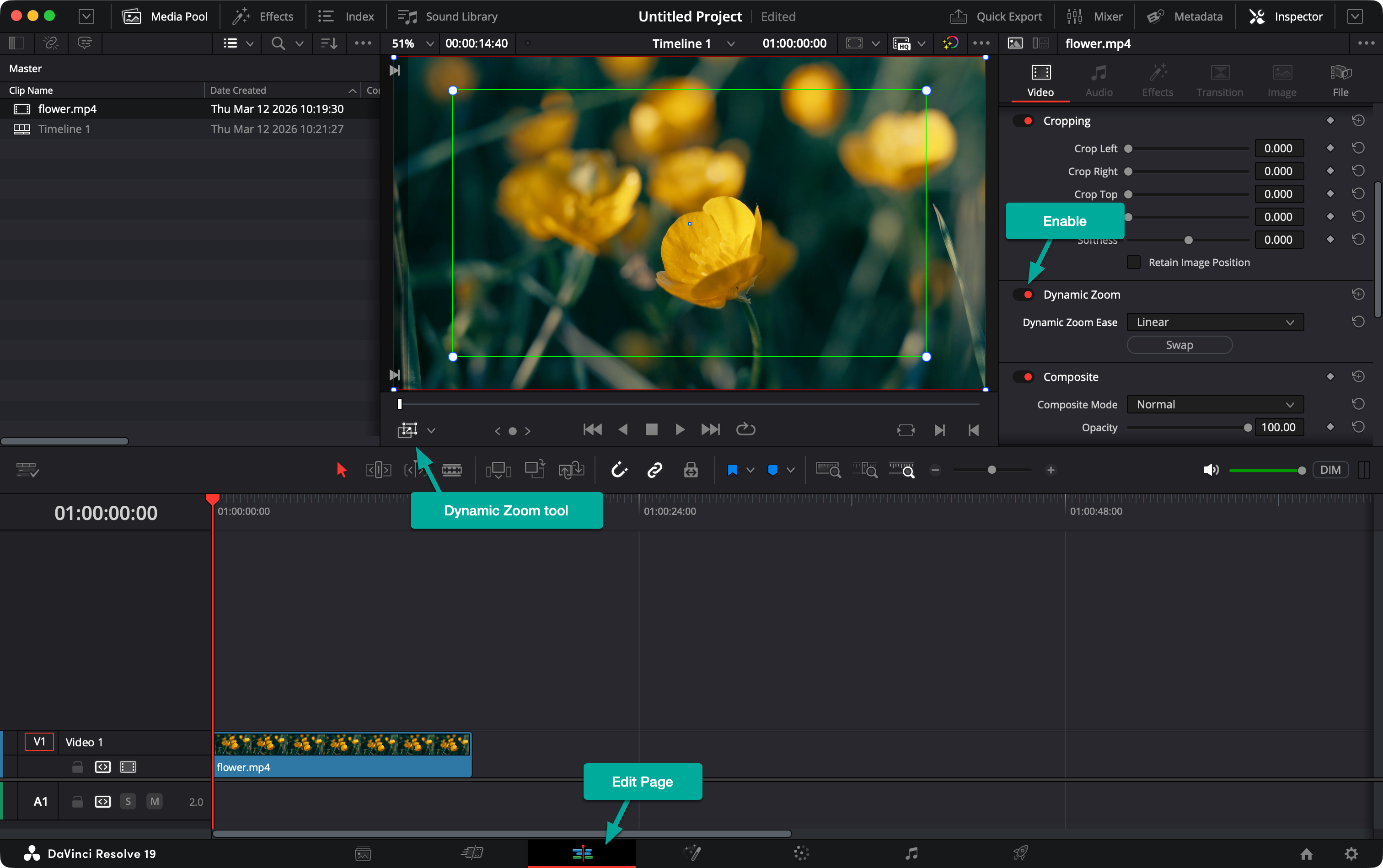 Adjusting dynamic zoom in DaVinci Resove