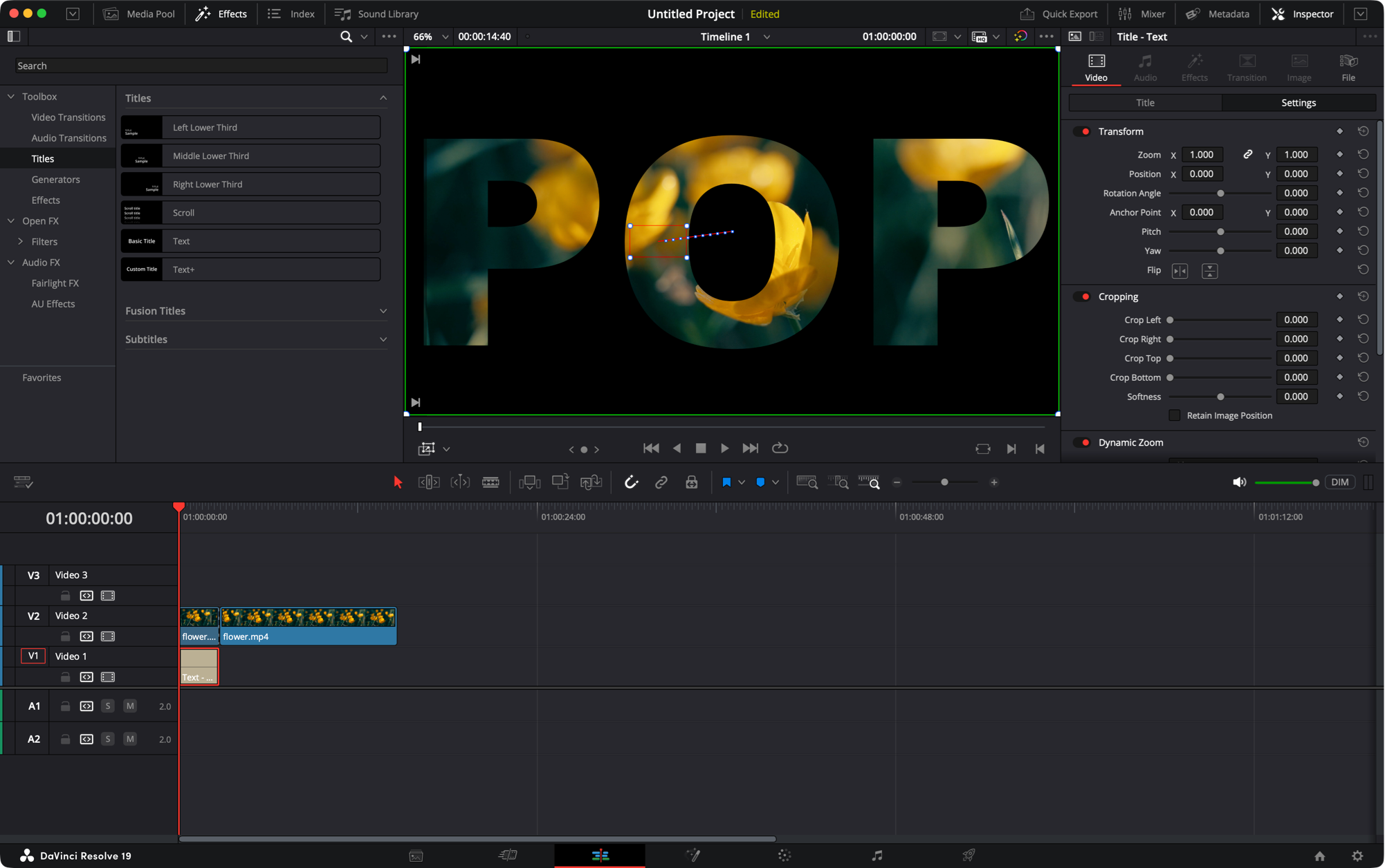 DaVinci Resolve window after applying a fly through text effect