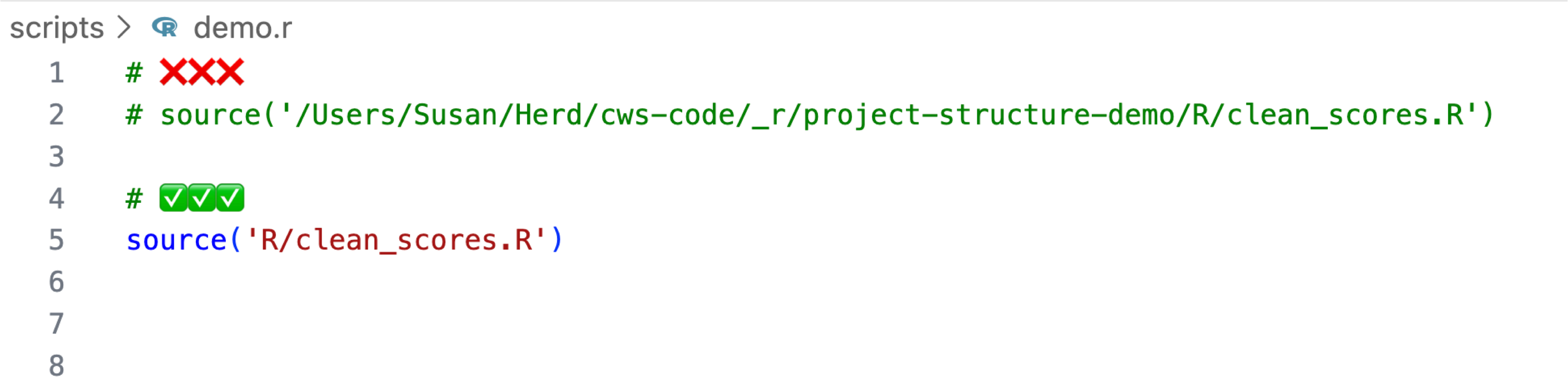 In R projects, you should use project-specific relative paths instead of machine-specific absolute paths
