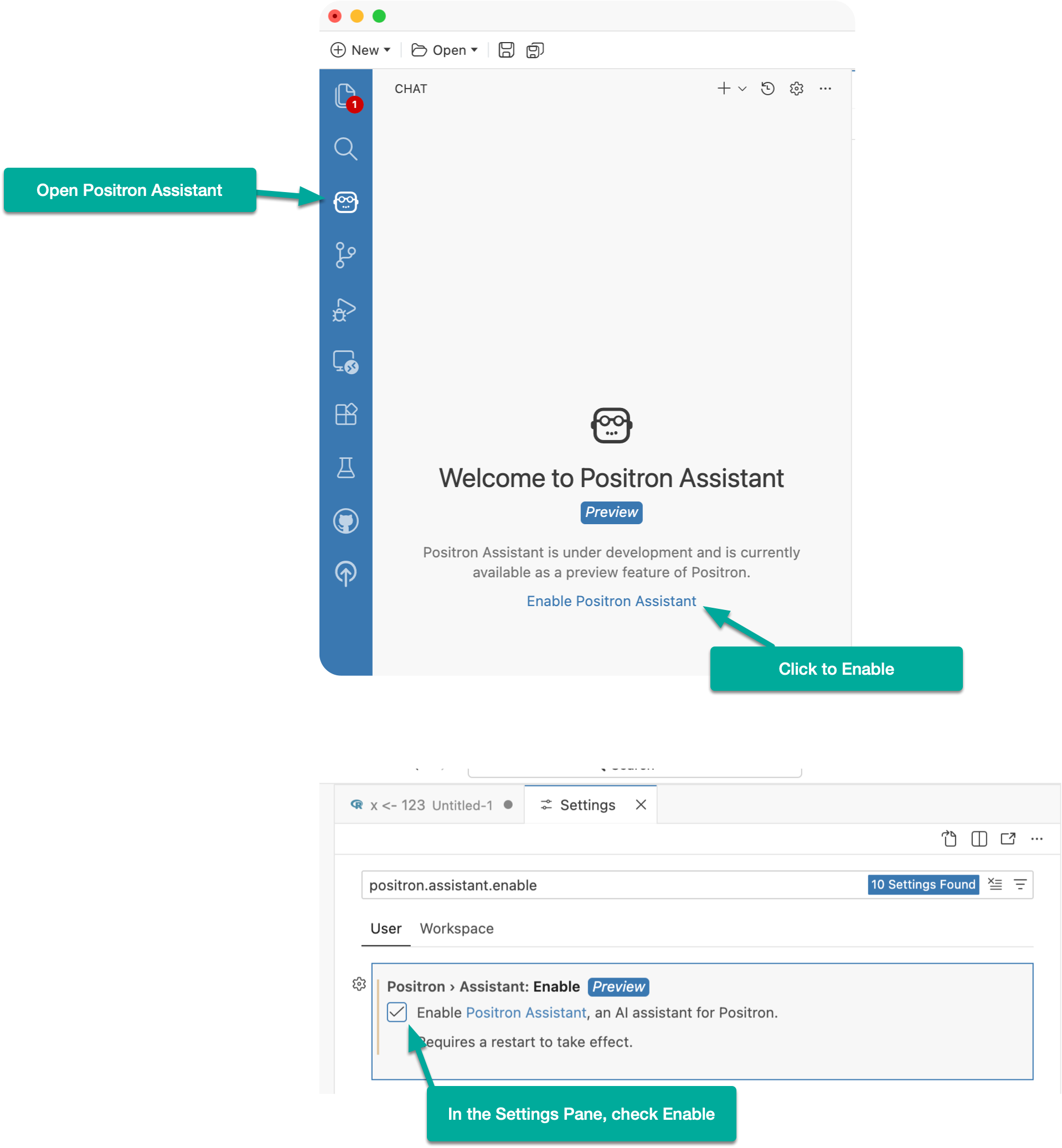 Settings screen in Positron showing the option to enable Positron Assistant