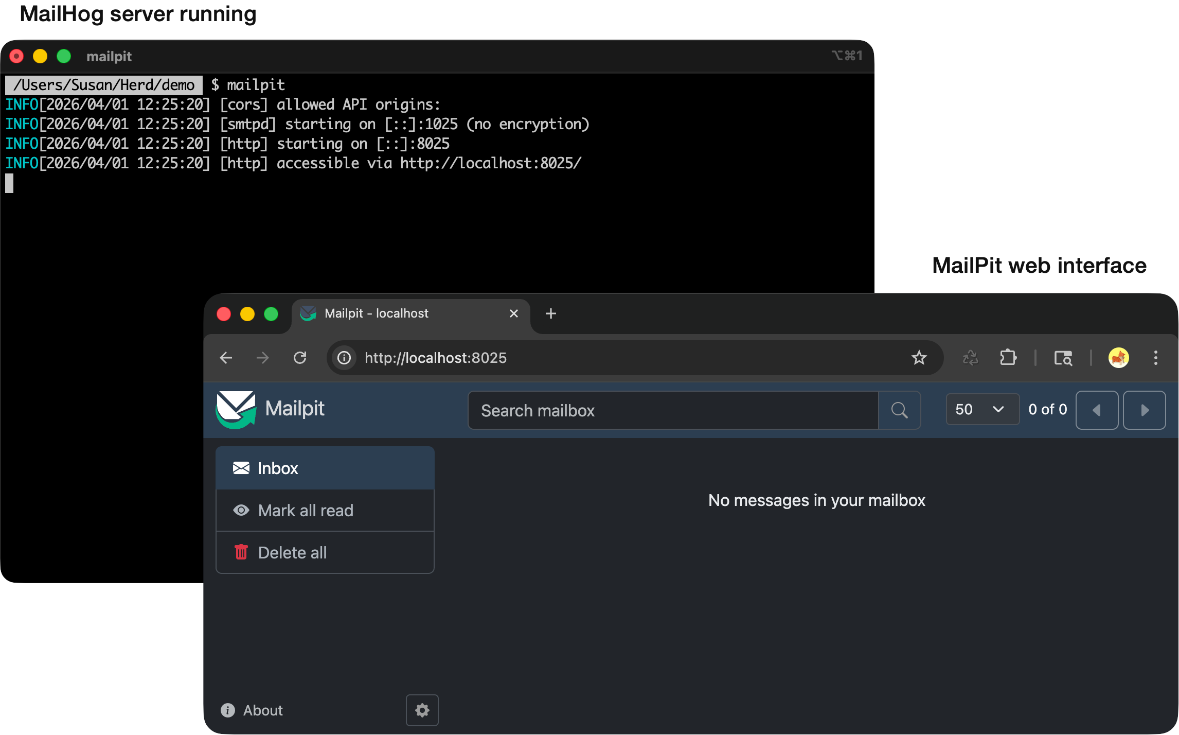 MailPit server running on a Mac with the web interface loaded in the browser