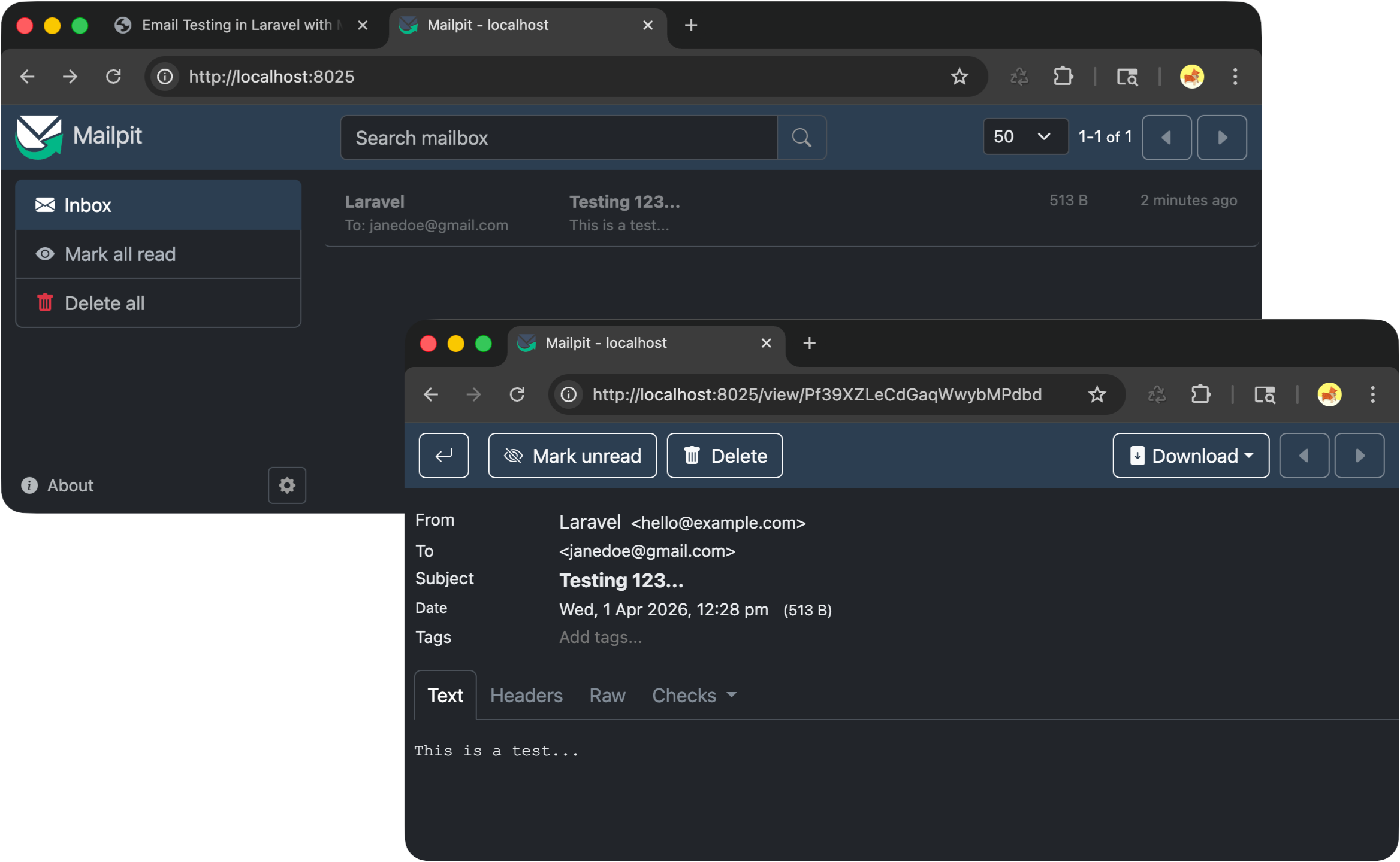 Test email captured in MailPit