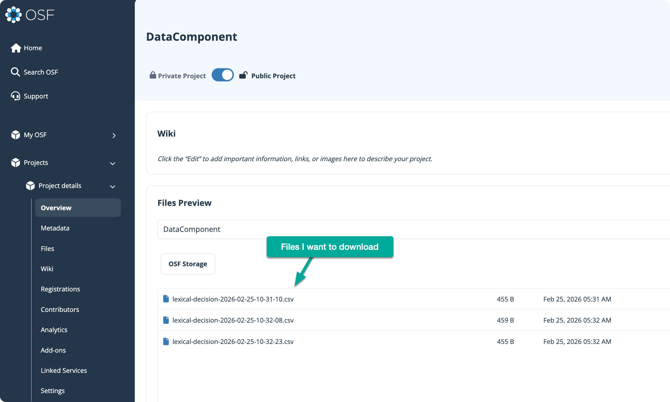 Screenshot of an OSF project component showing three data files available for download