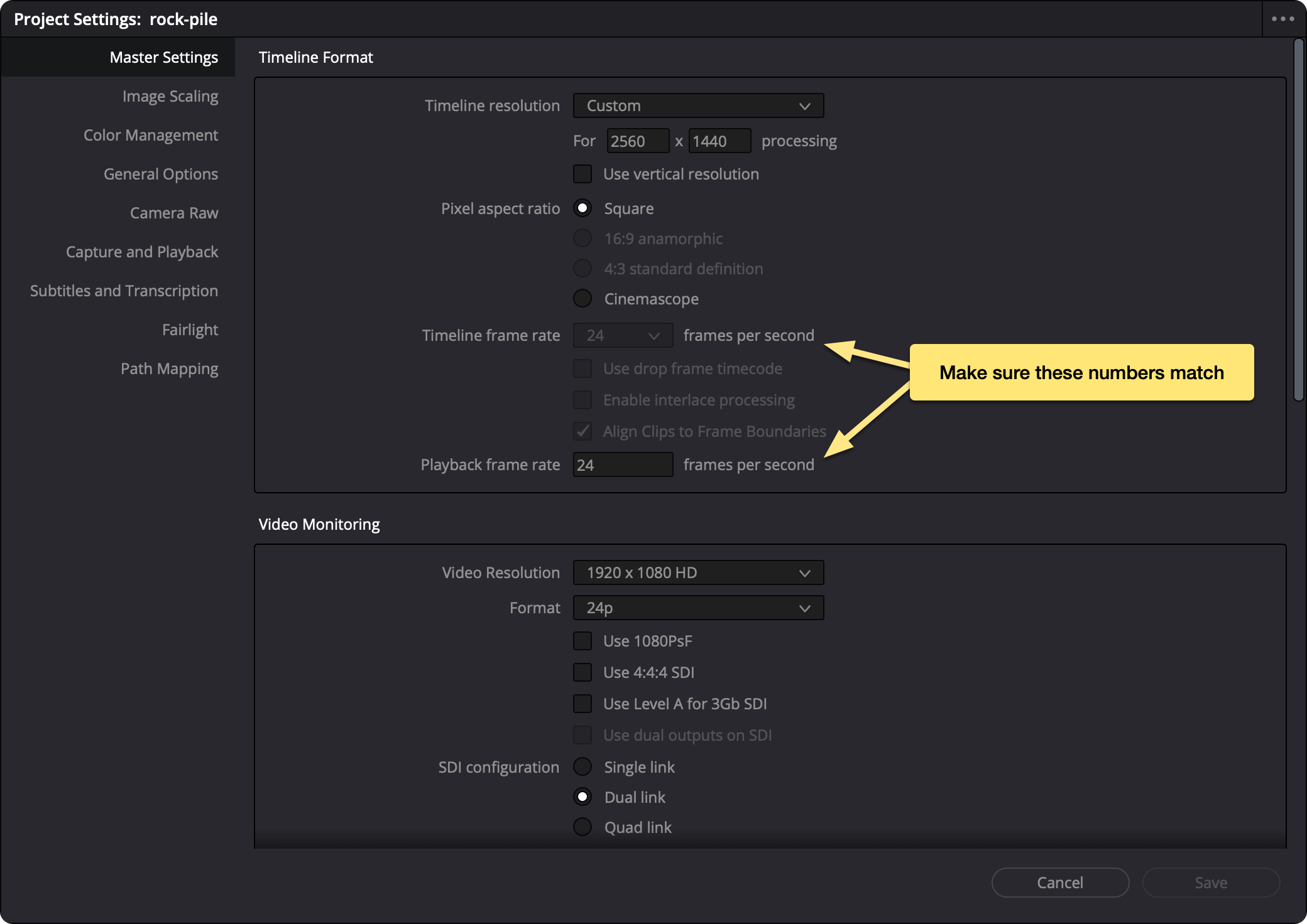 Project Settings in DaVinci Resolve making sure Timeline Frame Rate and Playback Frame Rate match