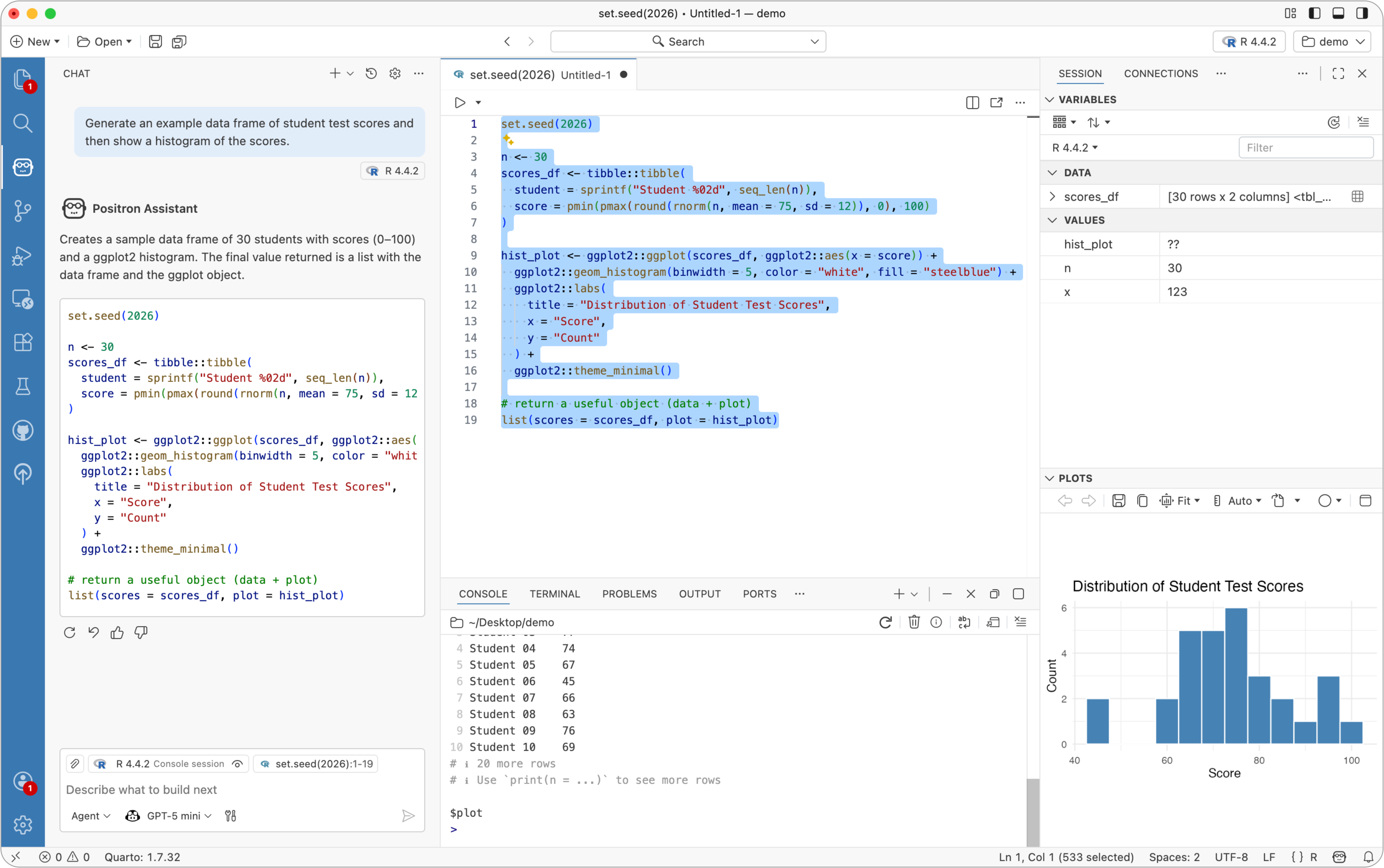 Positron interface showing AI-generated R code and a histogram plot displayed in the right-hand pane