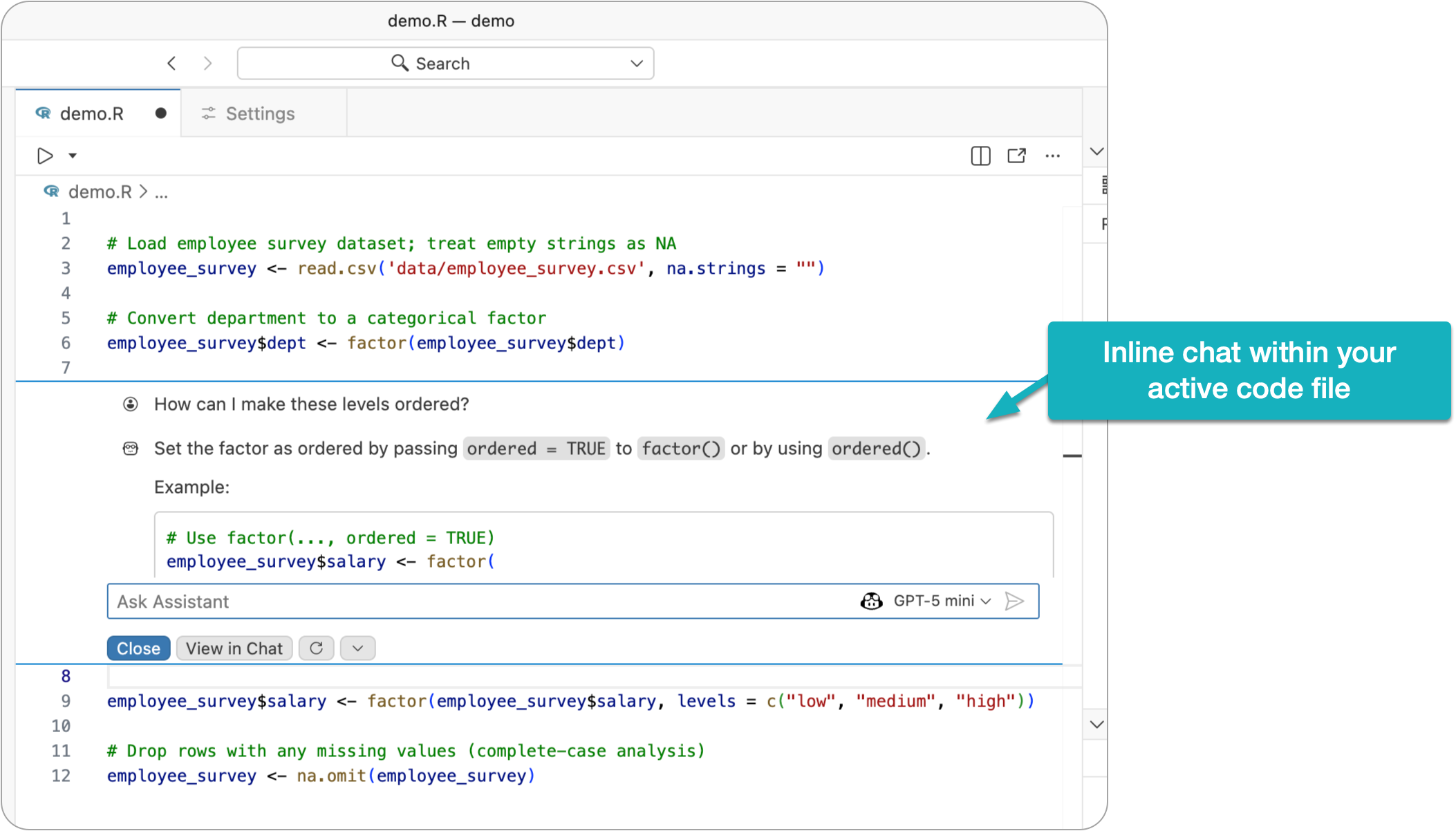 Inline assistant open in a code file displaying inline chat controls and suggestions