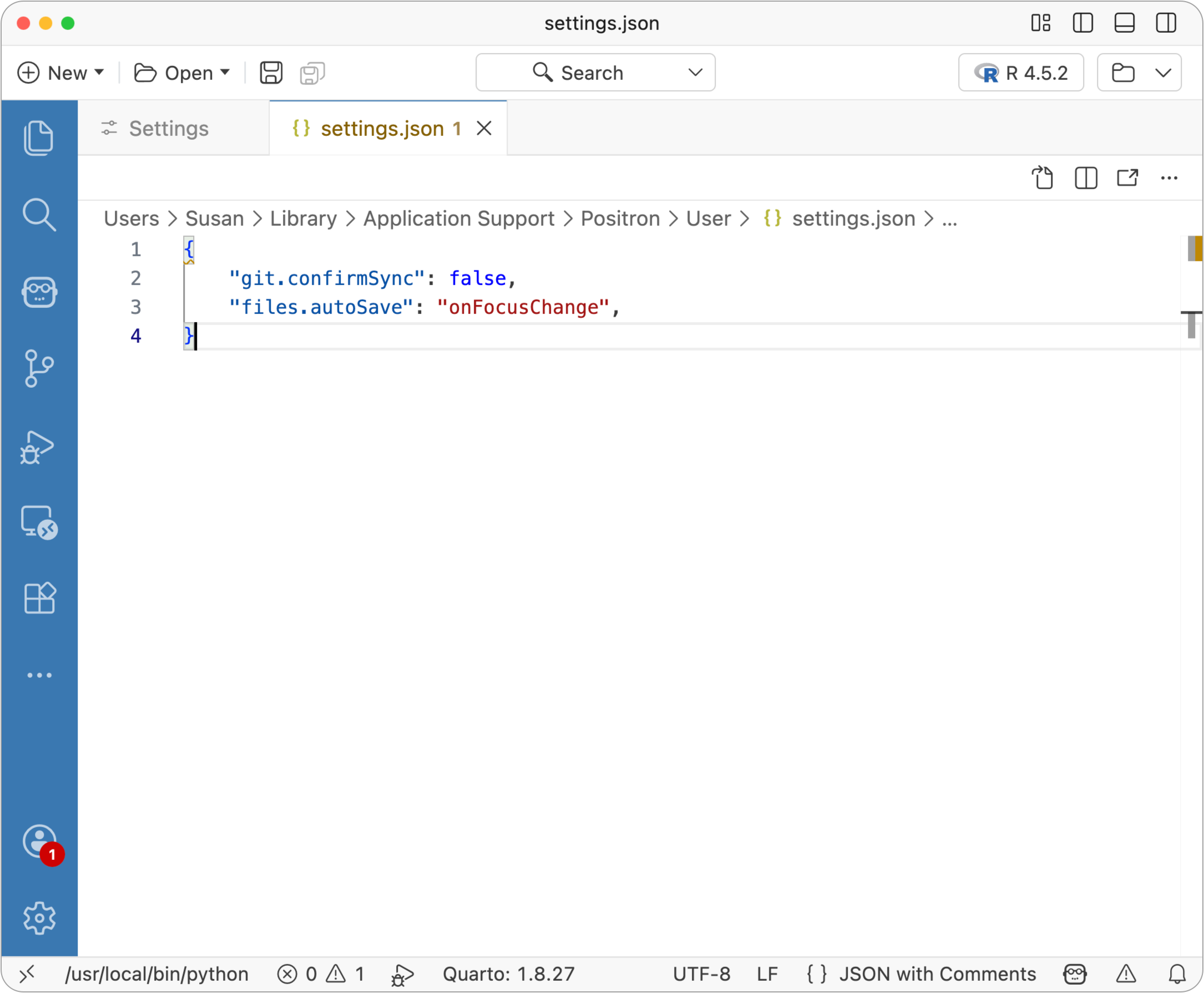 Positron settings.json file open in editor, showing example configuration