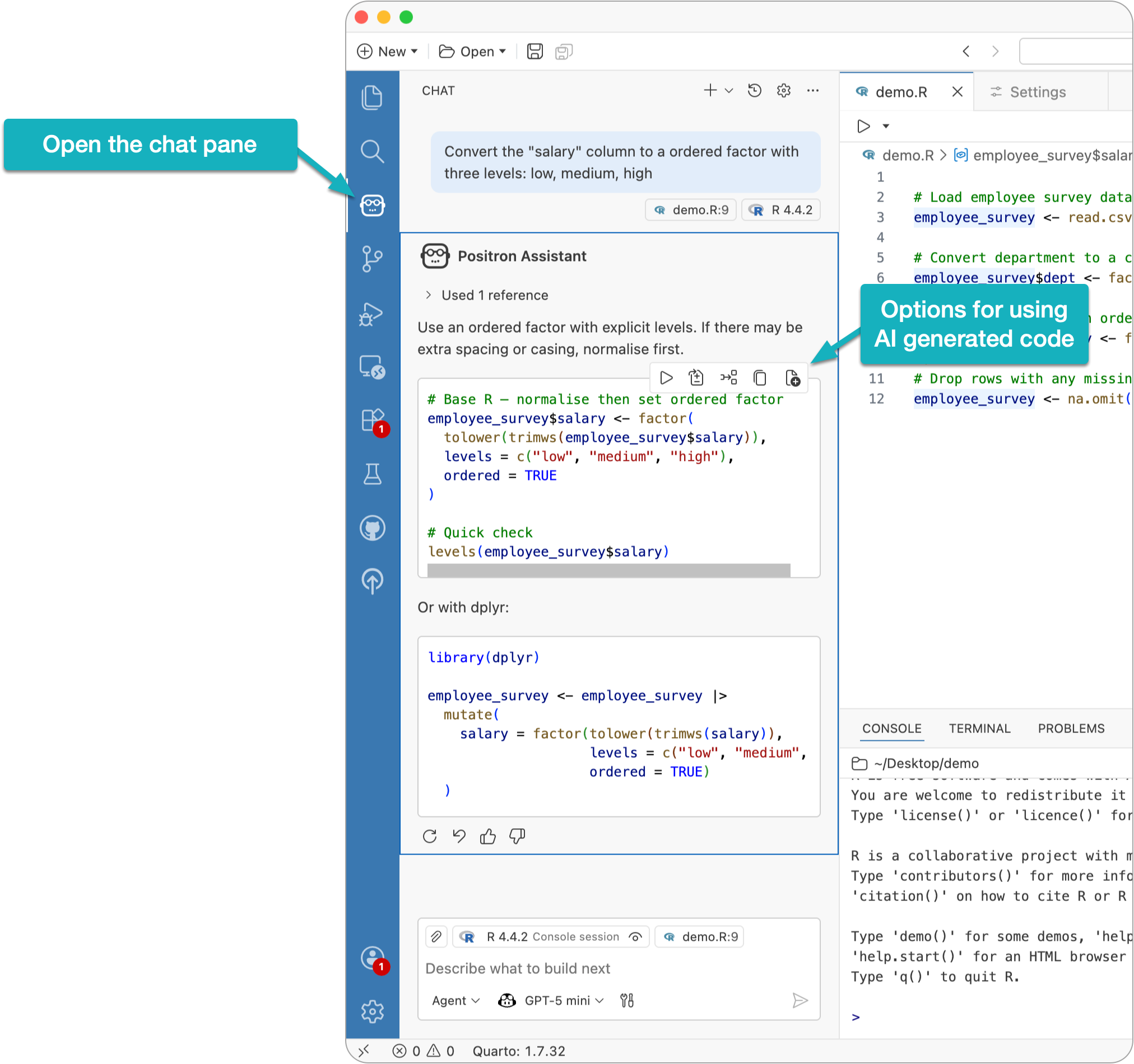 Positron chat pane showing code responses with options to run, inject, copy, or insert code