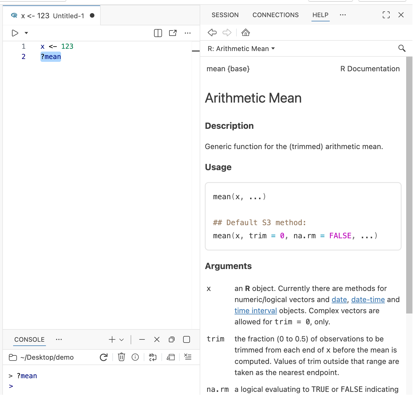 Help pane in Positron displaying documentation for an R function
