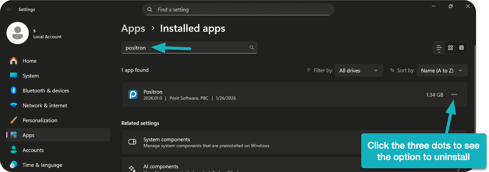 Uninstall Positron on Windows using Add or Remove Programs